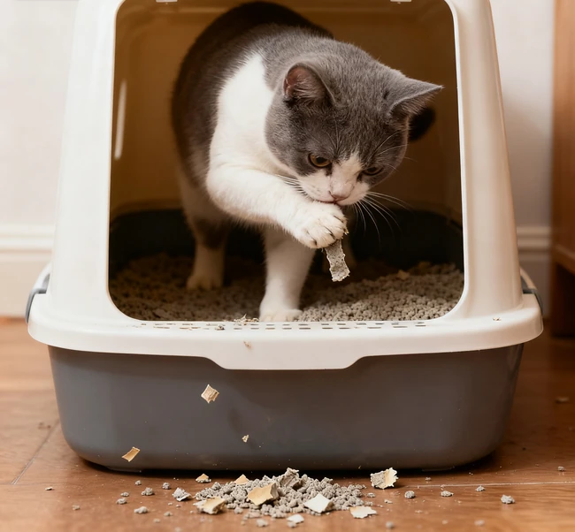 Comparison showing a cat using a top-entry litter box versus a traditional open box
