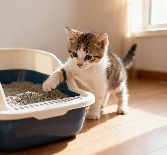 Using a litter scoop to clean a litter box