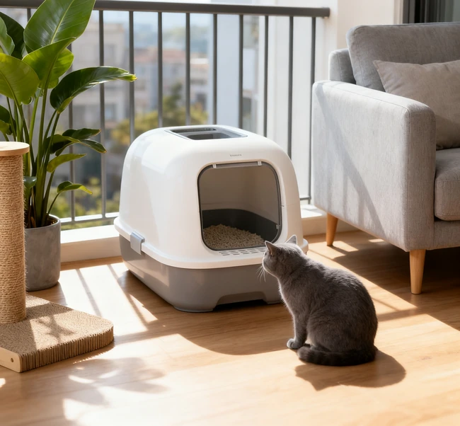 A timid cat cautiously approaching a new litter box