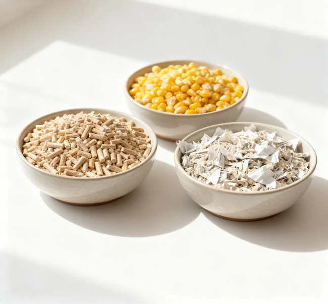 Okocat wood clumping litter being poured, showing its fine wood pellet texture