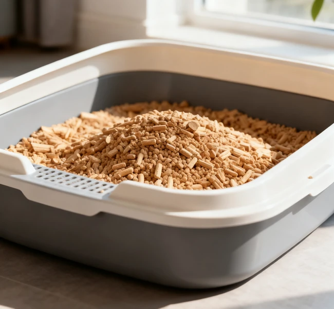 A hand using a litter scoop to remove waste clumps from a litter box
