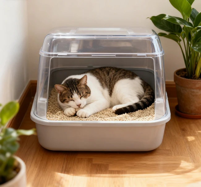 A person scooping clumps from a dust-free cat litter box