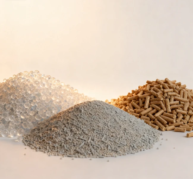 A person comparing two different bags of non-clumping cat litter