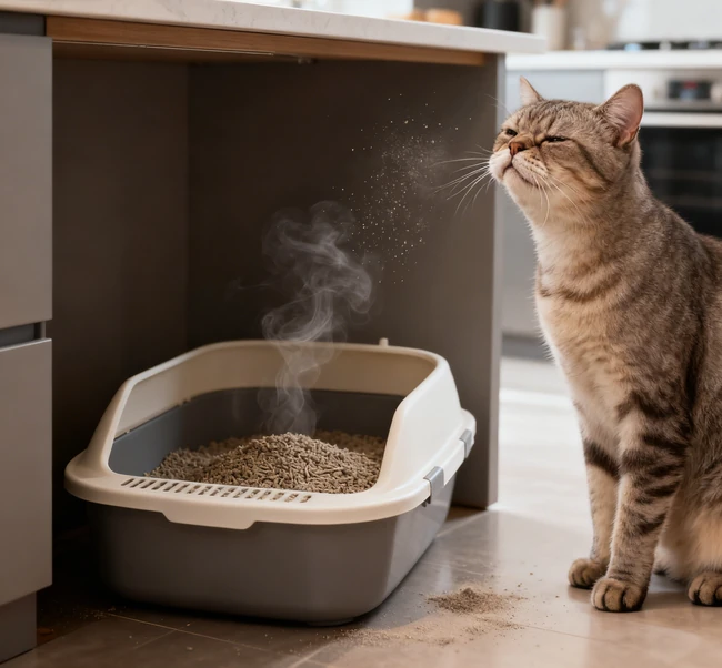 Modern self-cleaning litter box in a living room