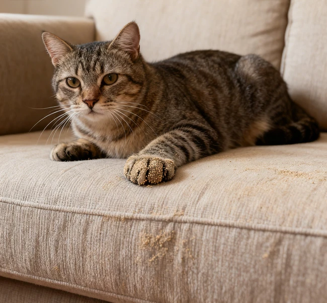 Person sanft Pflege einer Katze Pfote, um Müll zu entfernen