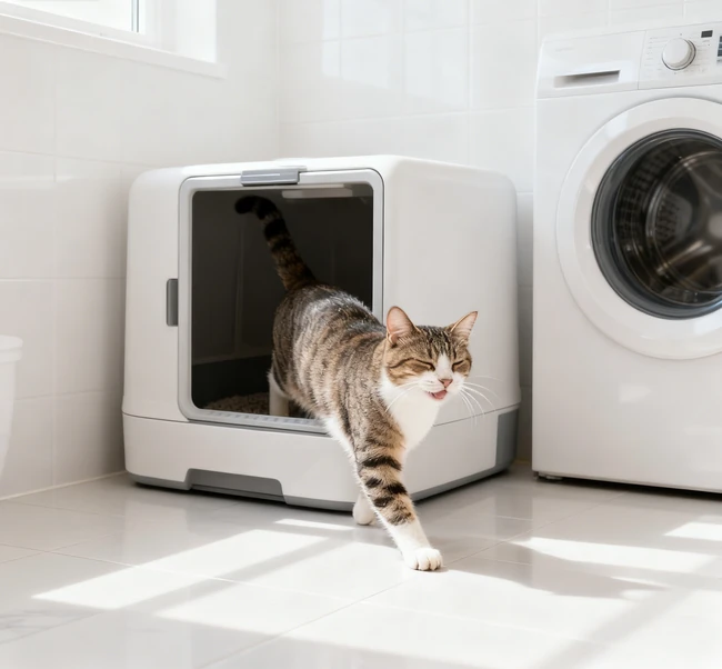 A cat looking hesitant and uncomfortable near a dirty litter box