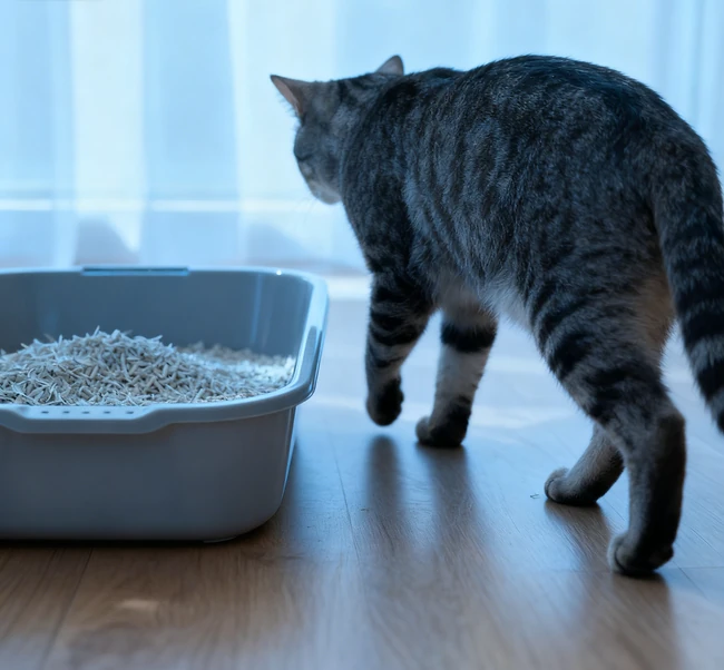 A content cat sitting next to a clean and well-maintained litter box