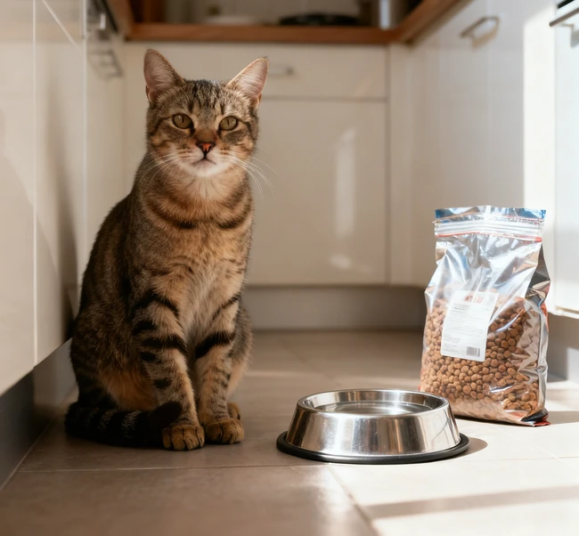 Two cats eating from separate bowls in different corners of a room