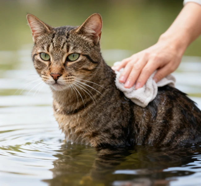 A cat wrapped snugly in a large, dry towel after a bath