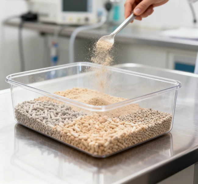 Eine Person, die Katzenleim langsam und vorsichtig in eine Müllbox gießt