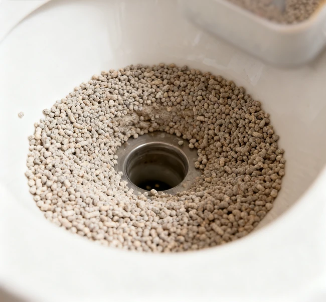 Eine Person, die gebrauchte Katzen litter in eine versiegelte Tasche für die Müllentsorgung schaufelt