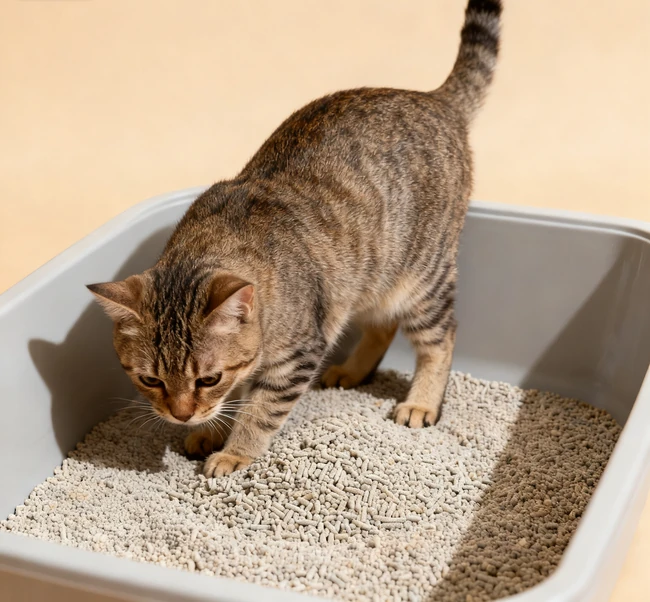 Hand using a litter scoop to remove waste from a litter box
