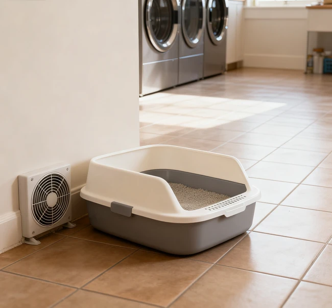 A self-cleaning litter box automatically raking waste into a sealed compartment