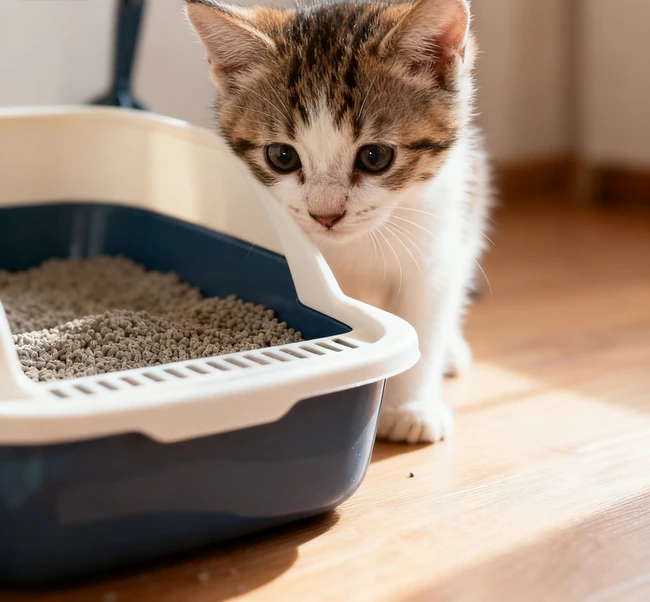 A content kitten sitting in a clean litter box