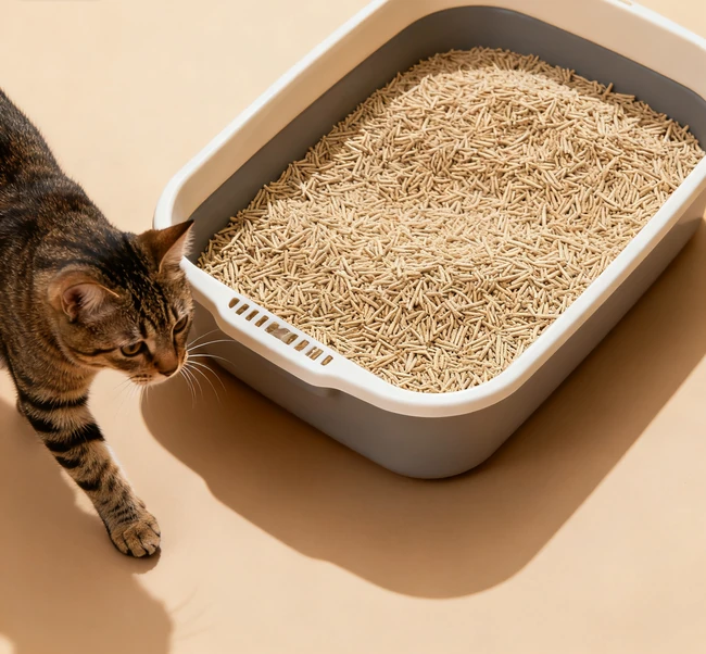 Cat cautiously approaching a new litter box with natural litter