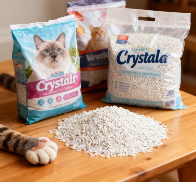 Hand using a litter scoop to remove waste from crystal litter