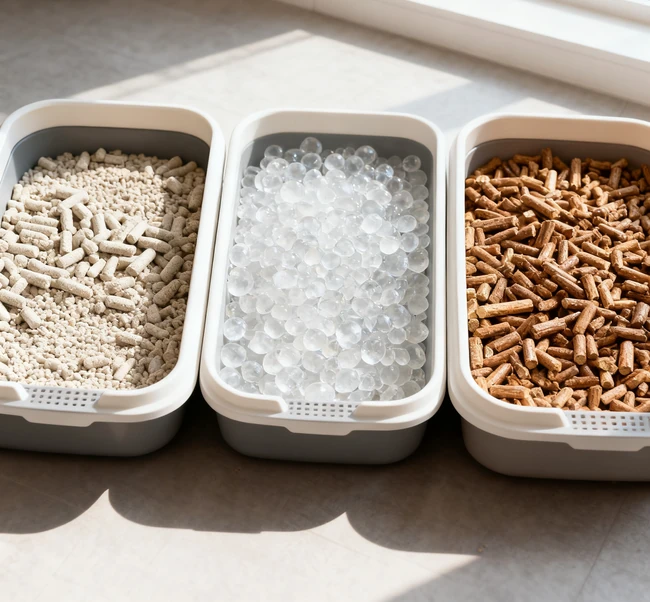 Two cats near a large litter box designed for multiple cats