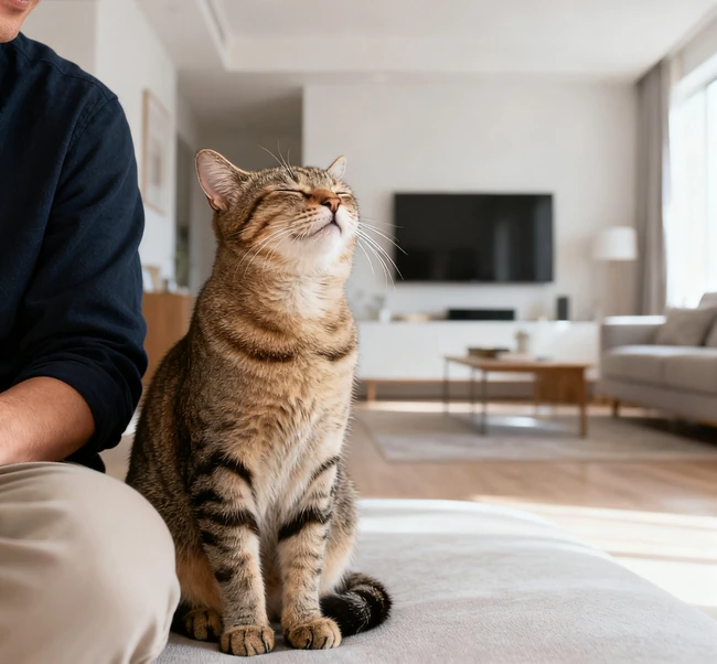 A content cat sitting next to its owner in a clean living room