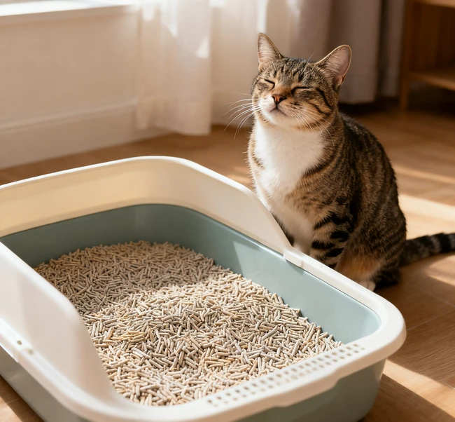 A content cat sitting next to a clean litter box filled with natural, flushable litter