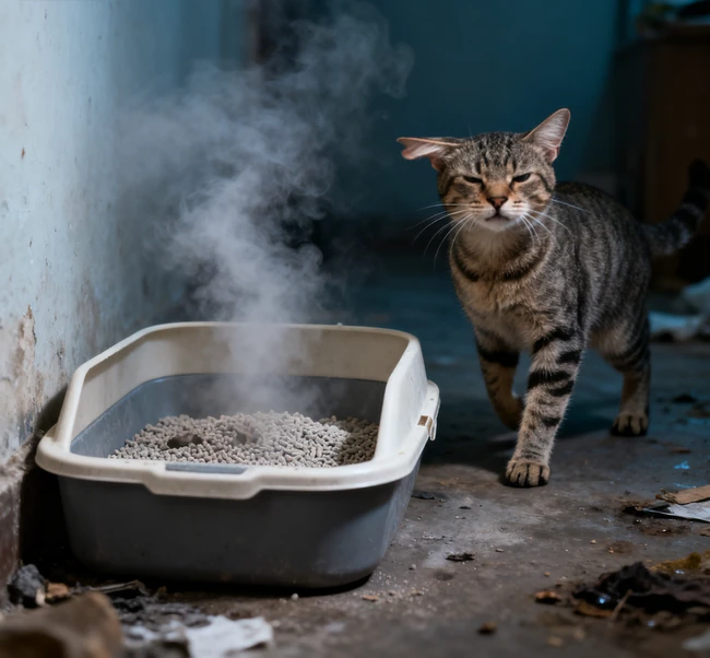 A happy cat sitting next to a clean, odor-free litter box