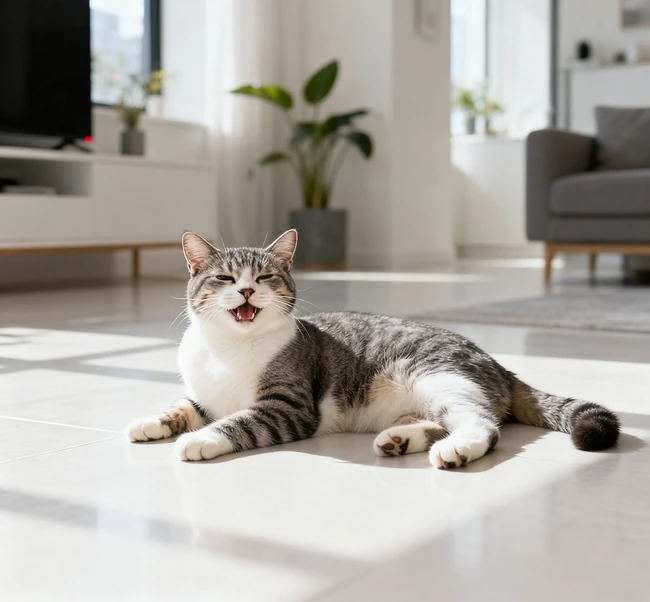 Eine Katze sitzt zufrieden auf einem sauberen, müllfreien Boden neben ihrer Müllkasse