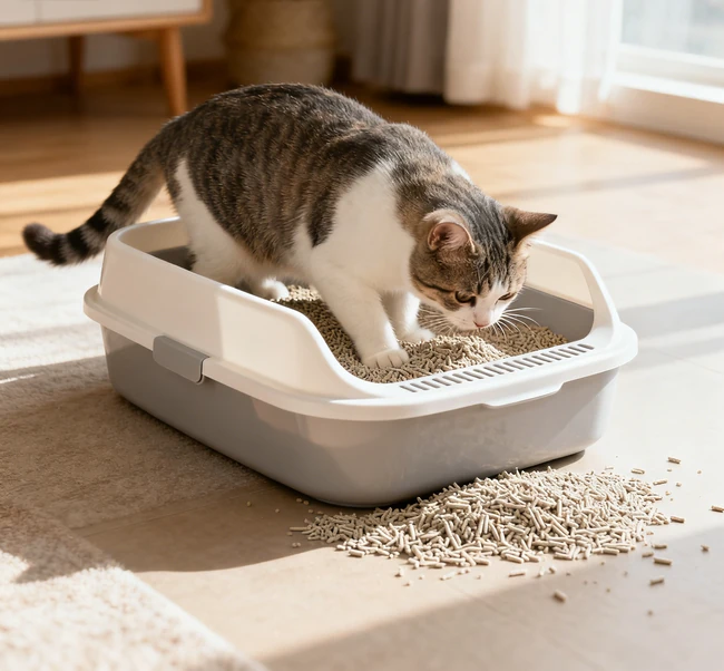 A content cat sitting in a clean, open-top litter box