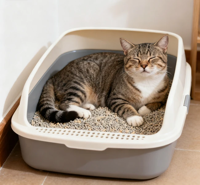 A content cat sitting next to its owner in a clean living room