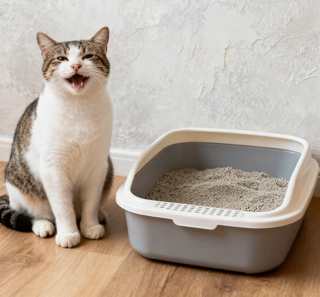 A happy cat sitting next to a clean litter box