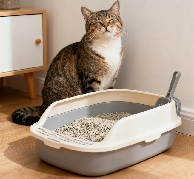 A content cat sitting next to a clean and well-maintained litter box