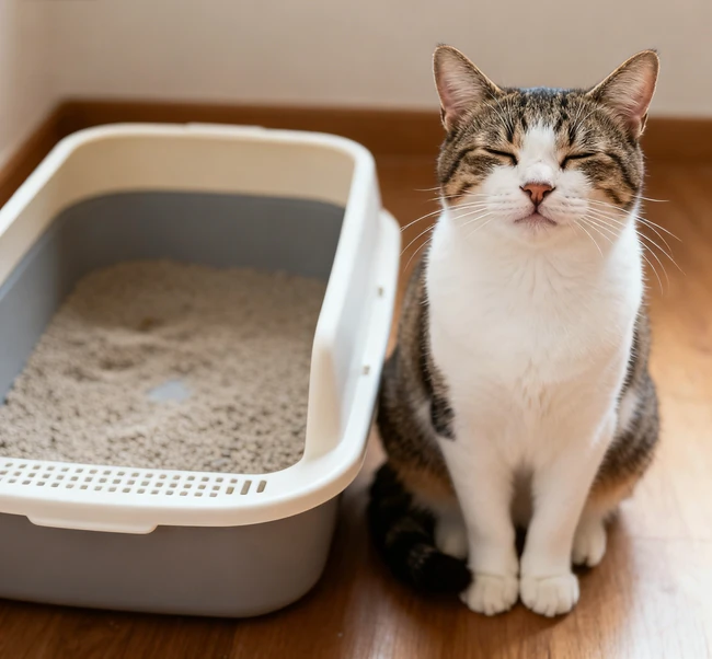 A happy and content cat sitting next to its owner