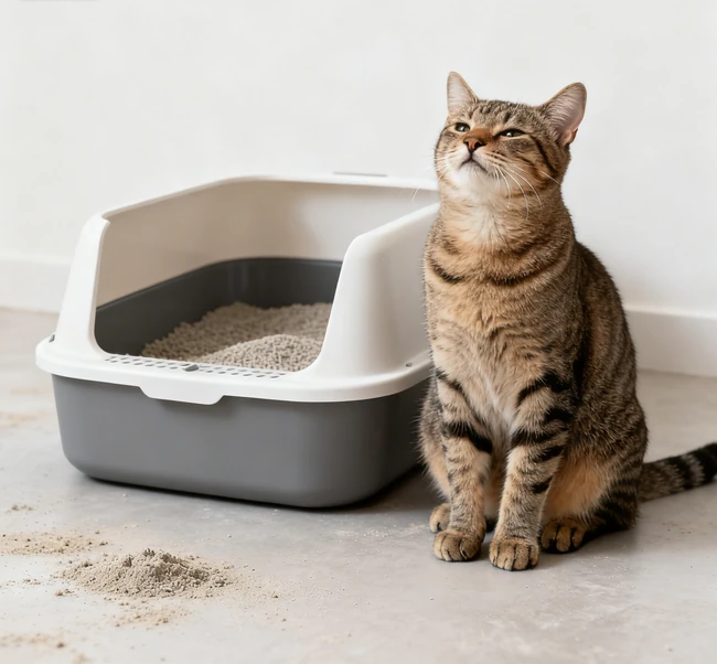Eine zufriedenen Katze sitzt neben einem sauberen, modernen Müllkasten in einer staubfreien Umgebung