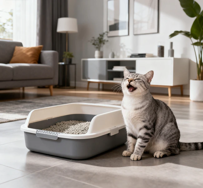 Eine glückliche Katze sitzt neben einer sauberen und gut gepflegten Müllkasse in einem modernen Zuhause