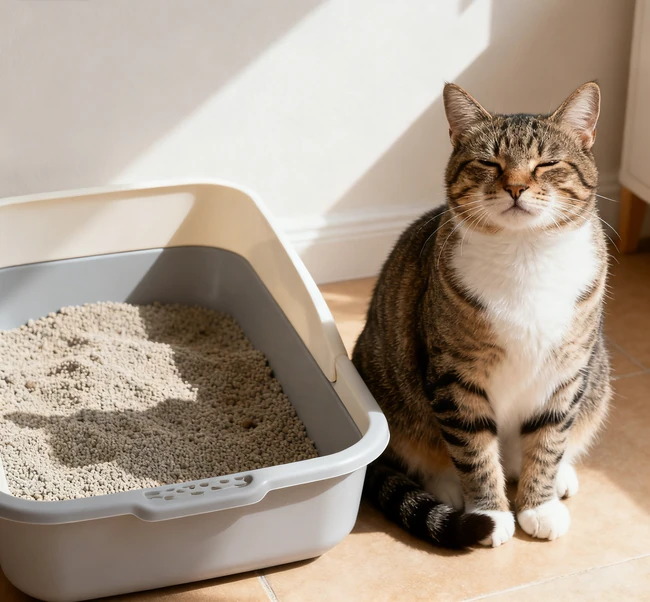 A content and healthy cat sitting next to a clean and well-maintained litter box