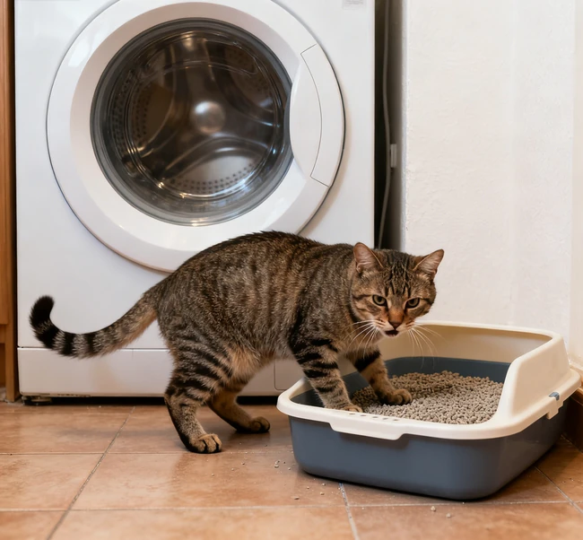 部屋の静かで明るいコーナーに置かれたゴミ箱を使った内容の猫