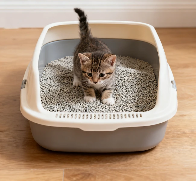 Ein kleines Kätzchen, das sich sicher mit einer Wurfbox mit nicht verklümmernem Wurf verwendet