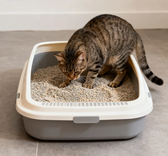 A person scooping litter from a litter box