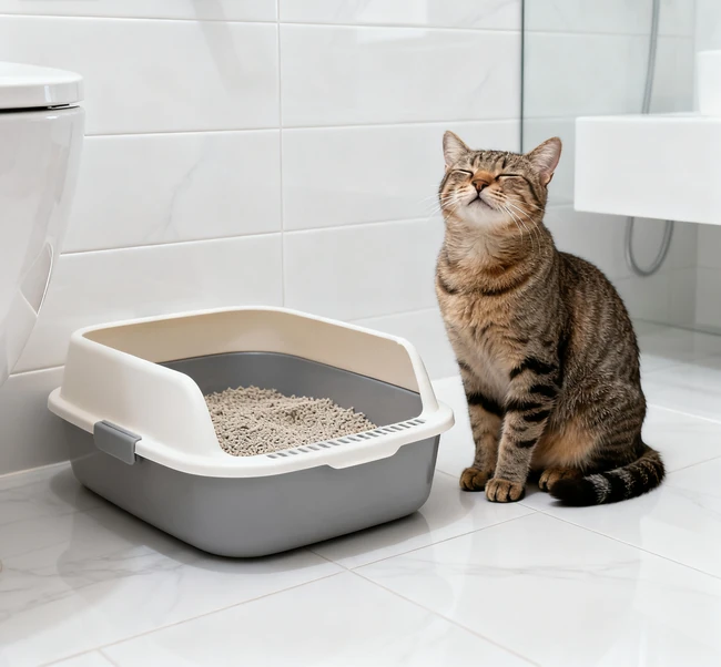 A content cat sitting next to a clean, well-maintained litter box