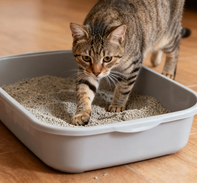 A cat carefully stepping into a clean litter box