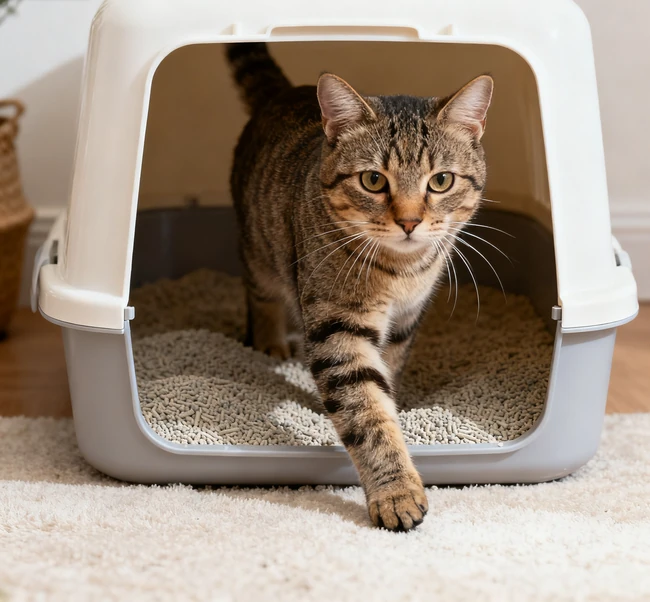 A content cat stepping out of a pristine, well-maintained litter box