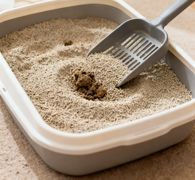 Person scooping waste from a clean litter box with the proper litter depth