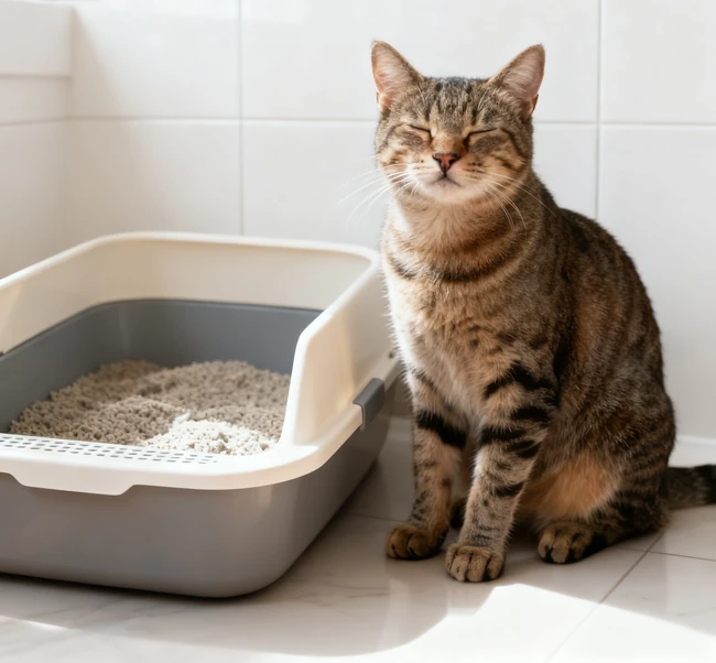 A content cat sitting next to a clean litter box