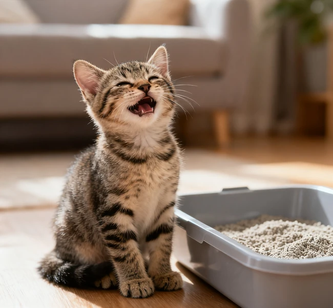 Un chaton heureux et content assis à côté d'une litière propre