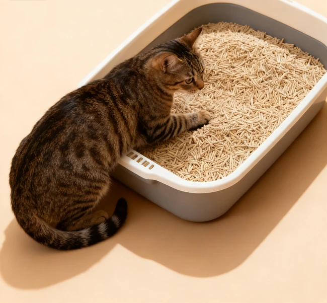 Person holding a scoop of natural cat litter with a thoughtful expression