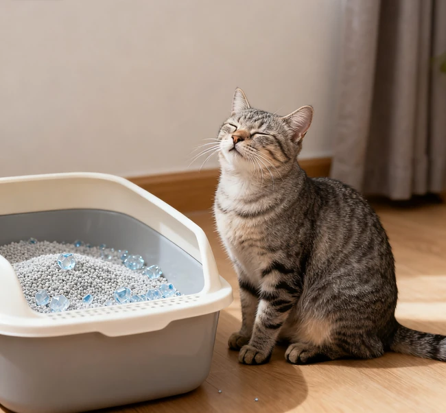 A content cat sitting near a clean litter box