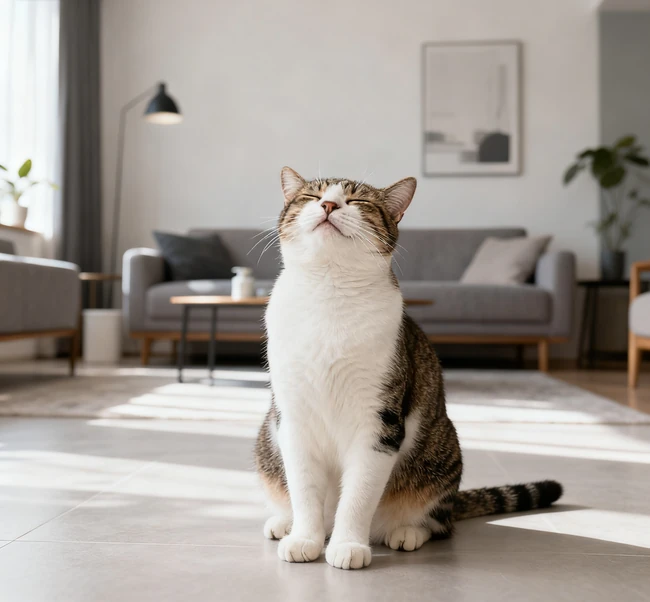 A content cat sitting next to its owner in a clean, odor-free living room