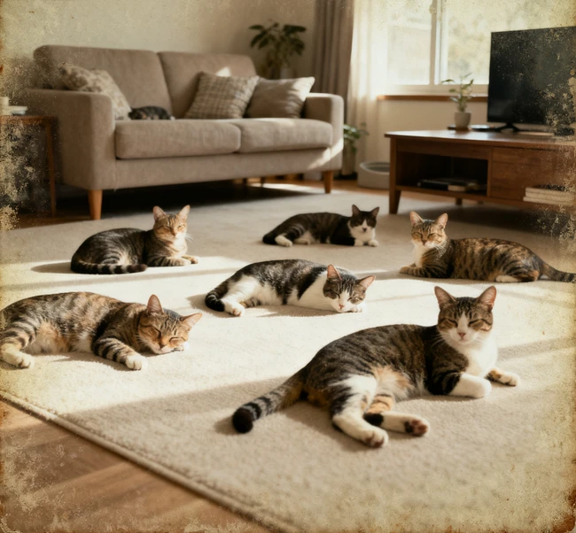 Mehrere Katzen entspannen sich in einem sauberen und geruchfreien Wohnzimmer