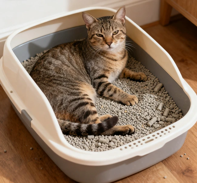 A cat comfortably using a clean litter box with clumping litter