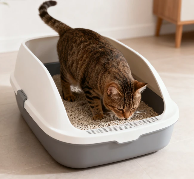 A stylish, dust-free litter box setup seamlessly integrated into a modern home