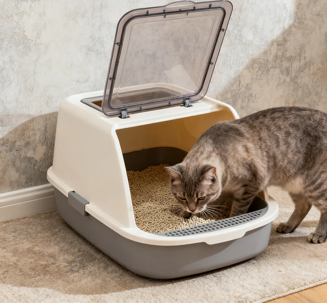 A cat using a top-entry litter box to reduce tracking