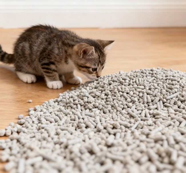 Eine Katze, die aus einer Wettkiste auf eine Tracking-Steuermatte tritt